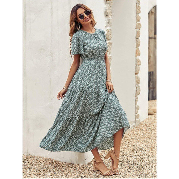 Women's Floral Print Long Dress Summer Short Sleeve Designer Style Boho Dress M - Picture 3 of 12